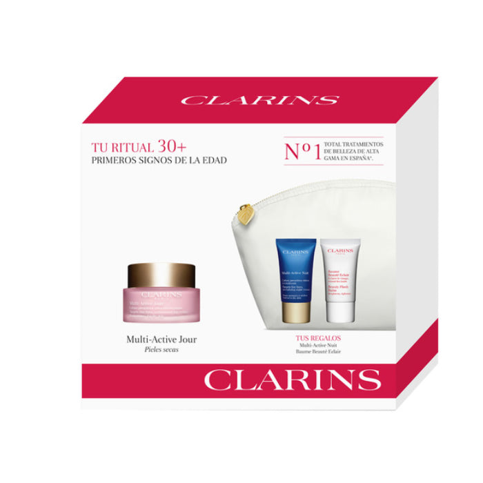 Clarins Multi Active Jour dry skin skincare set with four 50ml products, featuring nourishing creams and serums, by Jag Couture London.
