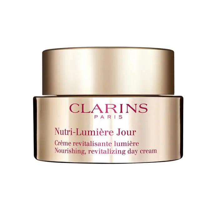 Clarins Nutri-Lumière Day Cream nourishing and revitalizing face moisturizer in 50ml jar, suitable for glowing skin.