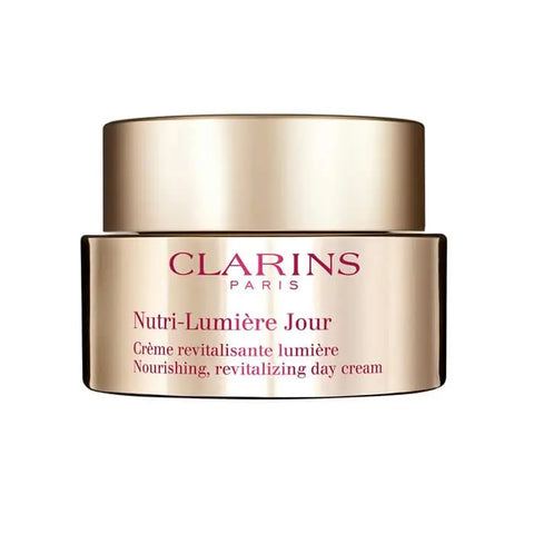 Clarins Nutri-Lumière Day Cream nourishing and revitalizing face moisturizer in 50ml jar, suitable for glowing skin.