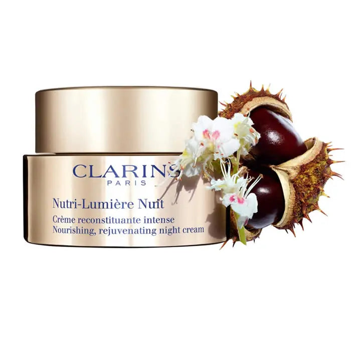 Clarins Nutri-Lumière Night Cream jar showing nourishing rejuvenating night cream for revitalized skin in 50ml container