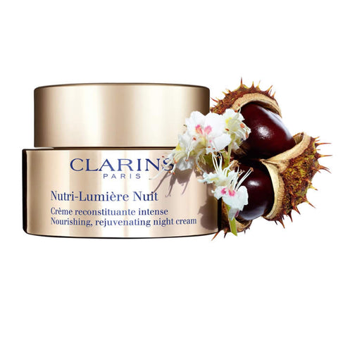 Clarins Nutri-Lumière Night Cream jar showing nourishing and rejuvenating cream for nighttime skincare, 50ml.