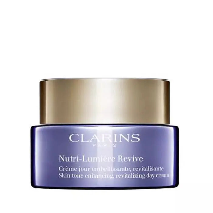 Clarins Nutri-Lumière Revive 50ml skincare jar with a sleek design, highlighting its nourishing and revitalizing properties.