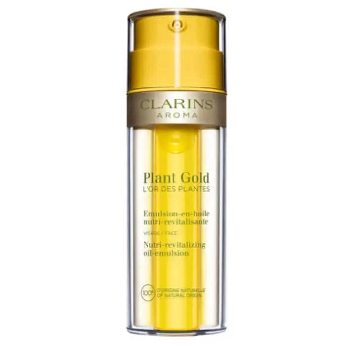 Clarins Plant Gold Nutri-Revitalizing Oil-Emulsion in 35ml bottle, featuring nourishing plant-based formula, by Jag Couture London New York.