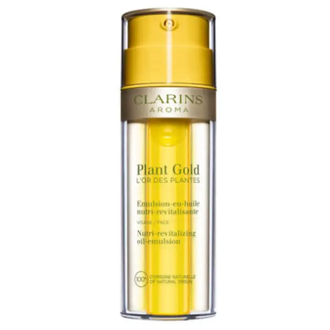Clarins Plant Gold Nutri-Revitalizing Oil-Emulsion in 35ml bottle, featuring nourishing plant-based formula, by Jag Couture London New York.