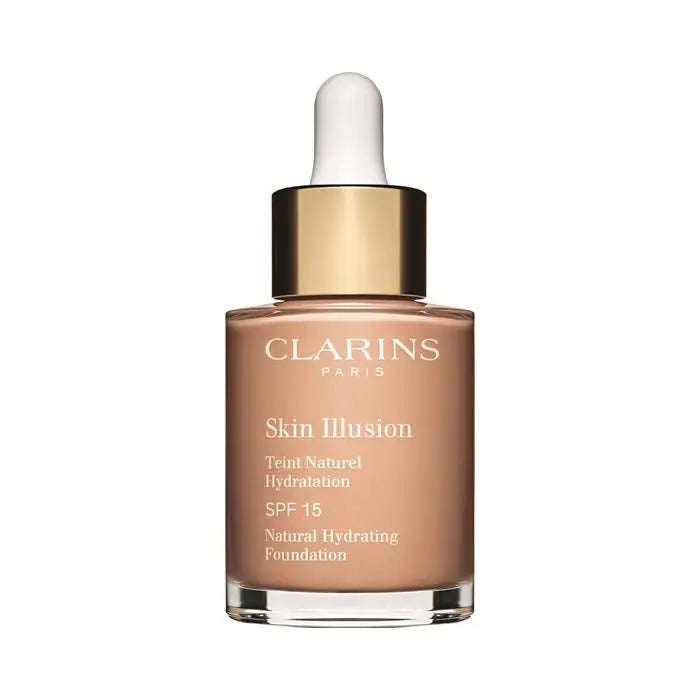 Clarins Skin Illusion Natural Hydrating Foundation SPF15 in Beige 107, 30ml bottle with smooth liquid texture and beige tone.