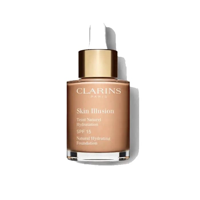 Clarins Skin Illusion Natural Hydrating Foundation SPF15 in shade 108 Sand, 30ml bottle, with smooth liquid texture and beige tone.