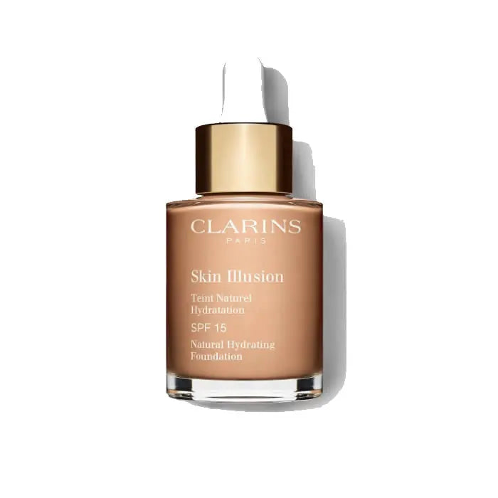 Clarins Skin Illusion Natural Hydrating Foundation SPF15 in shade 108 Sand, 30ml bottle, with foundation and packaging visible.