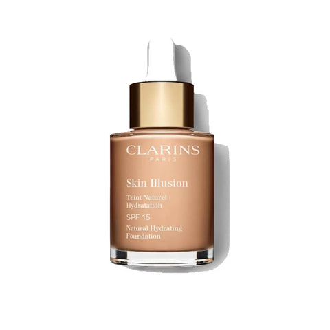 Clarins Skin Illusion Natural Hydrating Foundation SPF15 in shade 108 Sand, 30ml bottle, with smooth liquid texture and foundation pump.