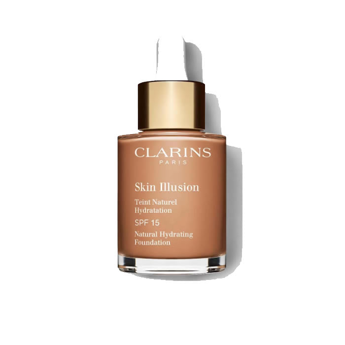 Clarins Skin Illusion Natural Hydrating Foundation SPF15 in Sandalwood 30ml, with a smooth liquid texture and beige shade.