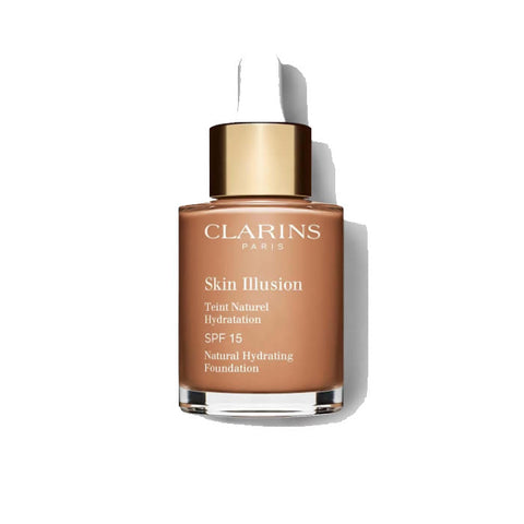 Clarins Skin Illusion Natural Hydrating Foundation SPF15 in Sandalwood 30ml, with a smooth liquid texture and beige shade.
