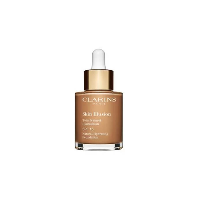 Clarins Skin Illusion Natural Hydrating Foundation SPF15 in shade 114 Cappuccino, 30ml bottle with foundation pump.