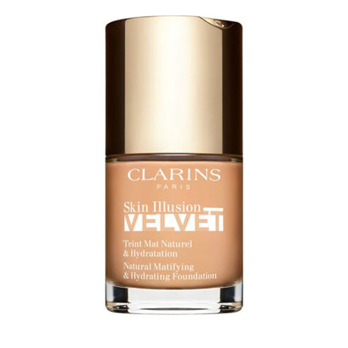 Clarins Skin Illusion Velvet 107C foundation in 30ml bottle, featuring smooth, natural finish with elegant packaging.