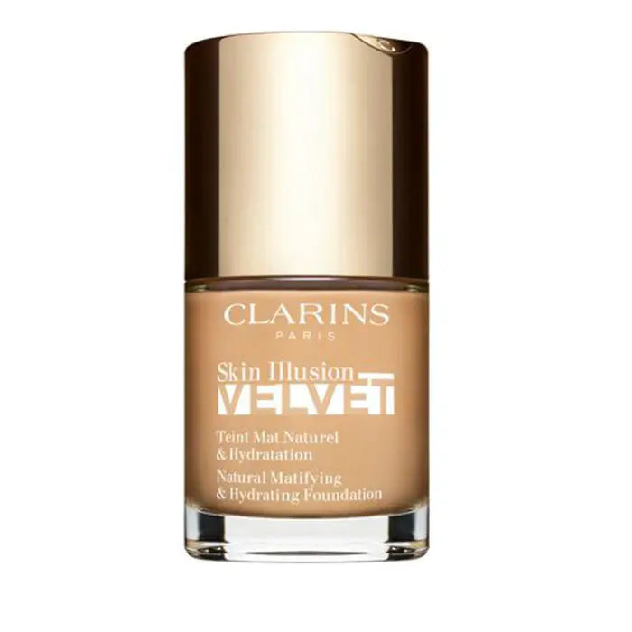 Clarins Skin Illusion Velvet foundation bottle in shade 110N, 30ml, with a sleek design and clear labeling.