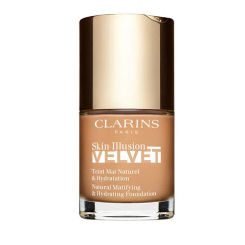 Clarins Skin Illusion Velvet foundation in shade 112C, 30ml bottle, with sleek packaging from Jag Couture London - New York.
