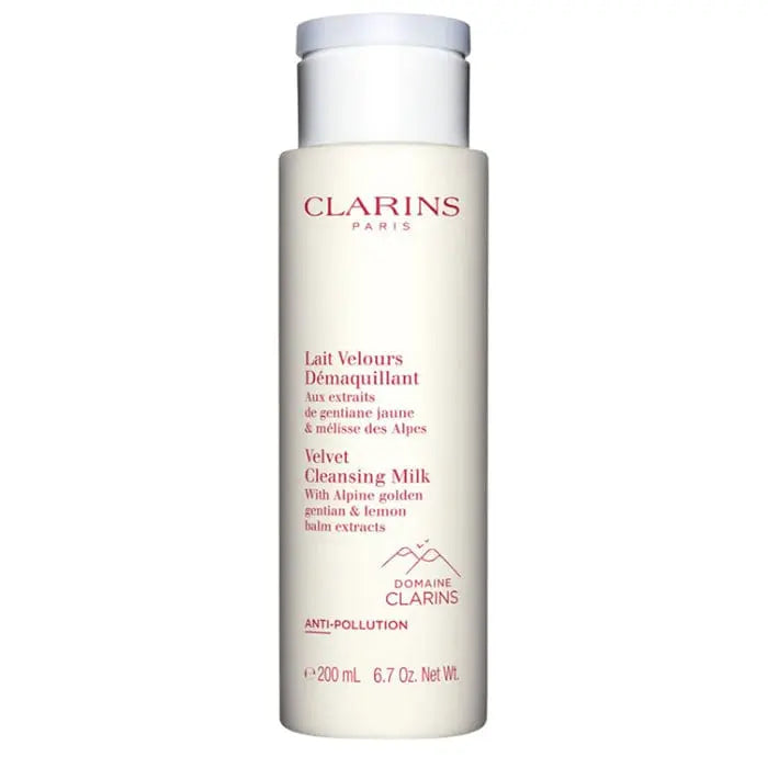 Clarins Velvet Cleansing Milk in 200ml bottle, gentle skincare product with a smooth, creamy texture, from Jag Couture London New York.
