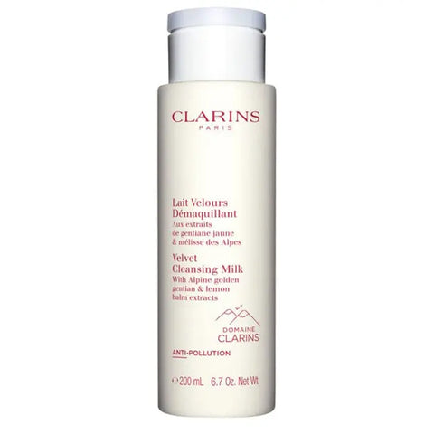 Clarins Velvet Cleansing Milk in 200ml bottle, gentle skincare product with a smooth, creamy texture, from Jag Couture London New York.