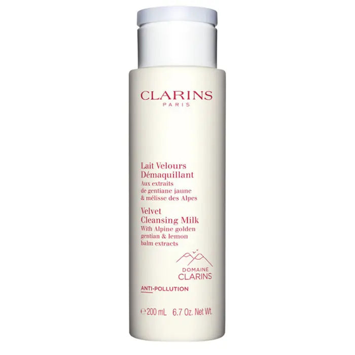 Clarins Velvet Cleansing Milk 200ml bottle, gentle skincare product with soft, creamy texture, displayed with minimalist packaging.