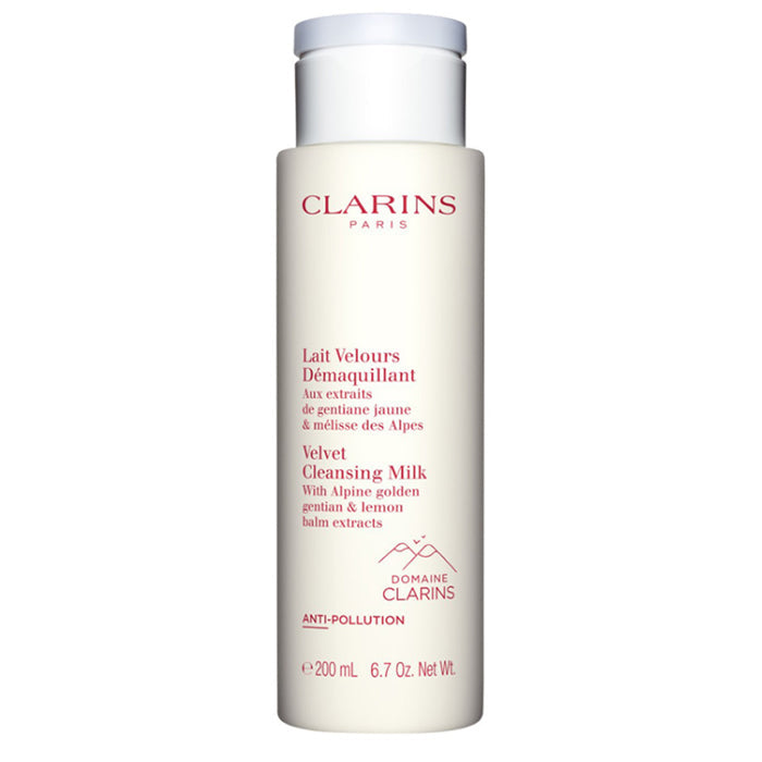 Jag Couture London New York Clarins Velvet Cleansing Milk 200ml bottle, creamy facial cleanser with gentle skincare formula.