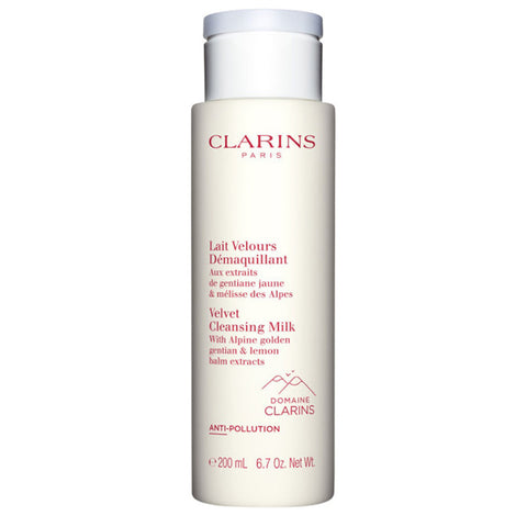 Jag Couture London New York Clarins Velvet Cleansing Milk 200ml bottle, creamy facial cleanser with gentle skincare formula.