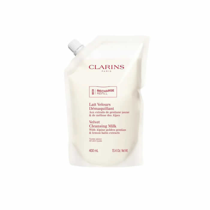 Clarins Velvet Cleansing Milk refill bottle, 400ml, from Jag Couture London New York, displayed with pump dispenser and product label.