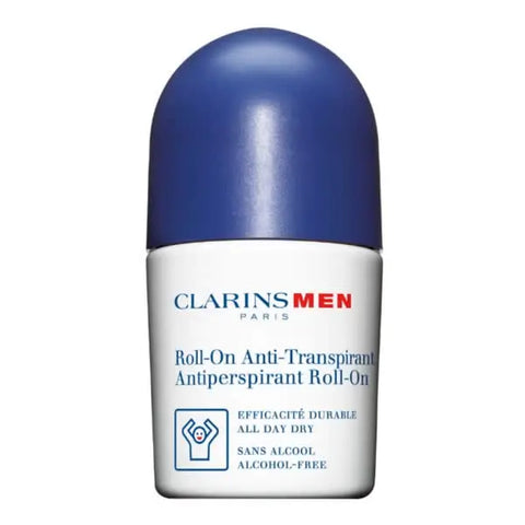 ClarinsMen Antiperspirant Deo Roll-On in 50ml bottle, designed for men to reduce sweat and odor, with a smooth applicator.