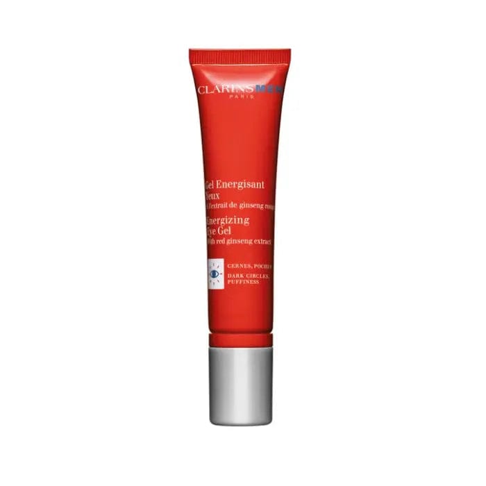 ClarinsMen Energizing Eye Gel in 15ml jar, featuring cooling gel formula for revitalizing and reducing under-eye puffiness.