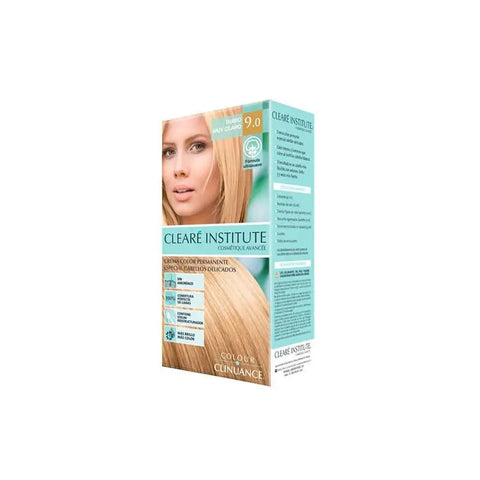 Jag Couture London Clearé Institute color 9.0 very light blonde hair dye on delicate hair, with a clear tube of the product showing.