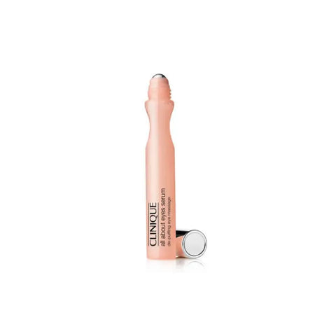 Clinique All About Eyes Serum with puffing eye massage in 15ml bottle, featuring a sleek design and applicator for eye care.