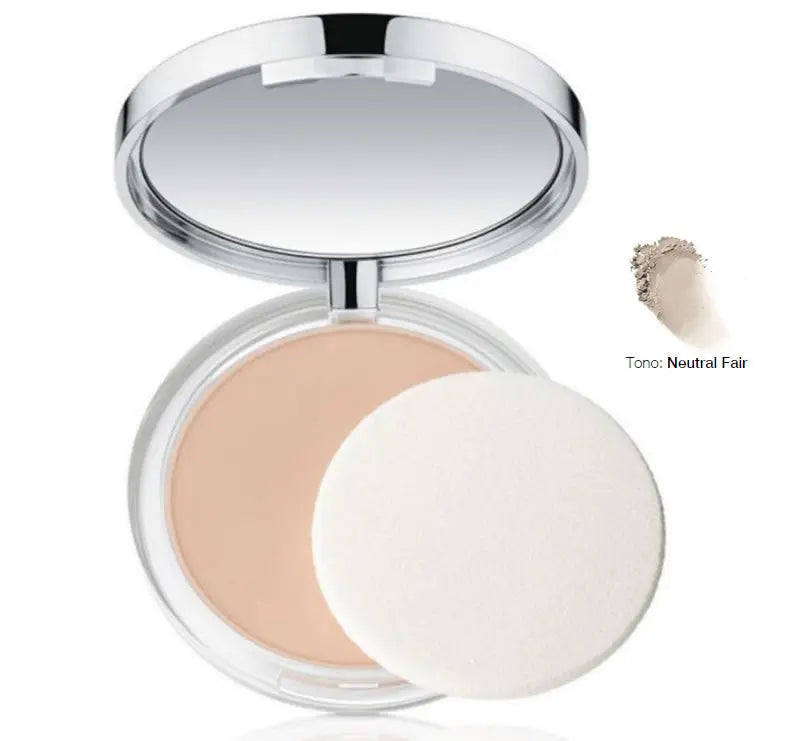 Clinique Almost Powder Makeup SPF 15 in shade 02 Neutral Fair, with a compact case and applicator brush.