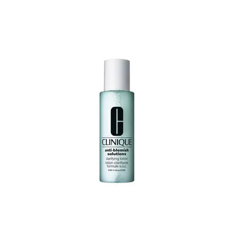 Clinique Anti Blemish Solutions Clarifying Lotion 200ml bottle with clear label, featuring a sleek design and product information.