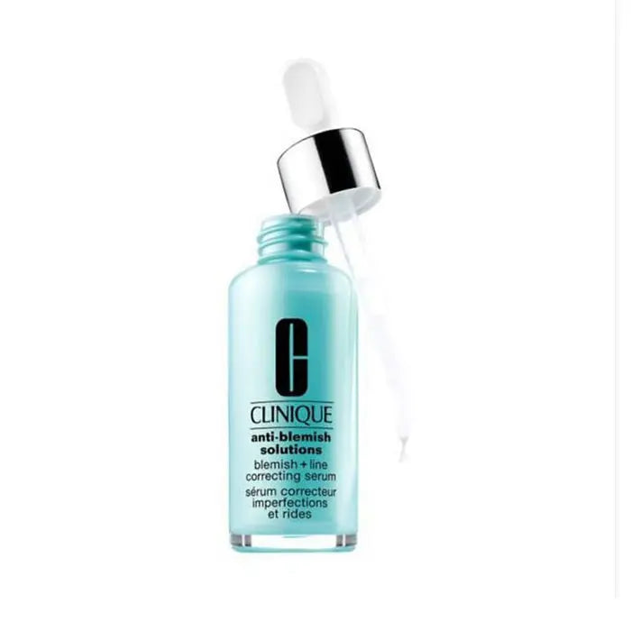 Clinique Anti Blemish Solutions Correcting Serum 30ml in a clear bottle with a white pump, displayed on a neutral background.