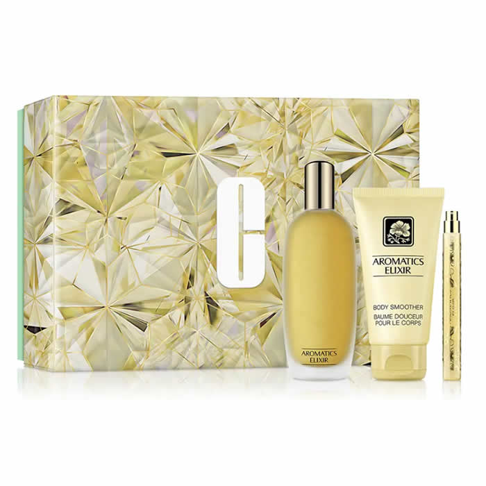 Set of three Clinique Aromatics Elixir Eau De Parfum spray bottles, 100ml each, displayed with elegant packaging and branding.