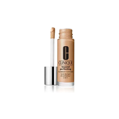 Clinique Beyond Perfecting Foundation and Concealer in shade 01 Linen, 30ml, displayed in a sleek tube with brand branding.