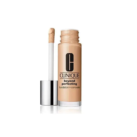 Clinique Beyond Perfecting Foundation and Concealer in shade 06 Ivory, 30ml bottle with applicator, on a neutral background.