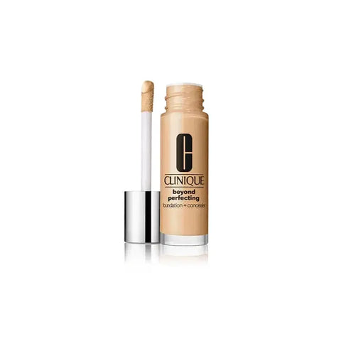 Clinique Beyond Perfecting Foundation and Concealer 08 Golden Neutral in 30ml bottle, displayed with a makeup brush.