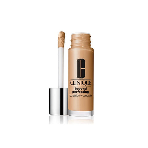 Clinique Beyond Perfecting Foundation and Concealer in 10 Honey, 30ml bottle, with applicator and product packaging visible.