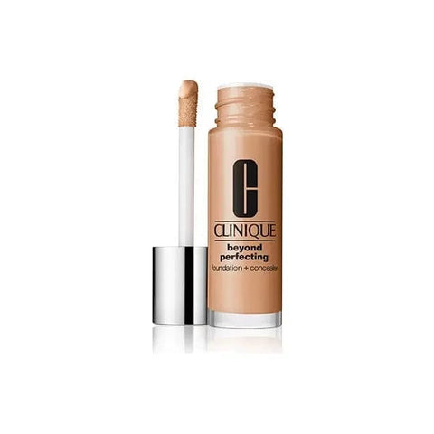 Clinique Beyond Perfecting Foundation and Concealer in 15 Beige, 30ml, with a sleek bottle and applicator visible.