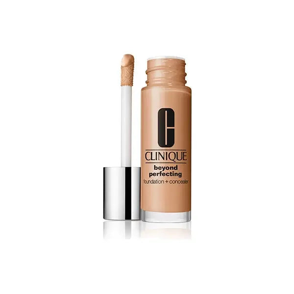 Clinique Beyond Perfecting Foundation and Concealer in 15 Beige, 30ml bottle with applicator, on a neutral background.