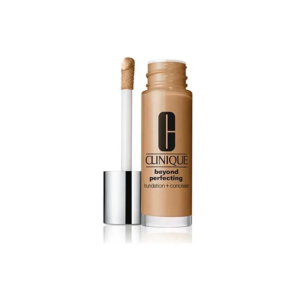 Clinique Beyond Perfecting Foundation and Concealer in 18 Sand, 30ml, displayed in a sleek bottle with a black cap.