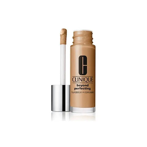 Clinique Beyond Perfecting Foundation and Concealer in 18 Sand, 30ml, displayed in a sleek bottle with a black cap.