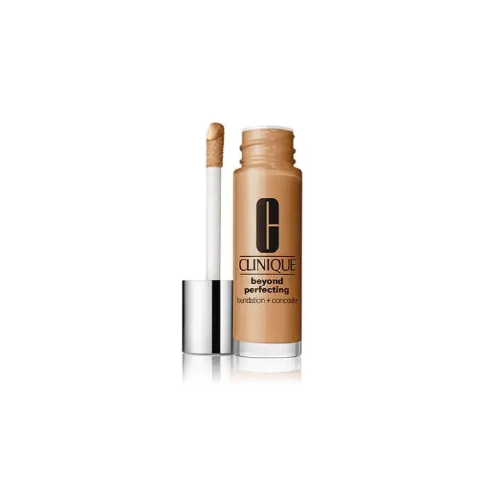 Clinique Beyond Perfecting Foundation and Concealer in shade 21 Cream Caramel, 30ml, with sleek packaging.