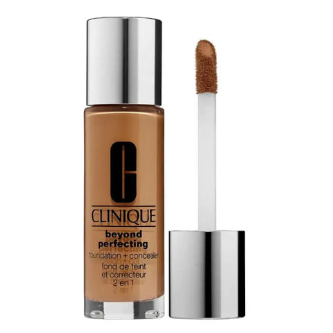 Clinique Beyond Perfecting Foundation and Concealer in WN112 Ginger, 30ml, with a sleek bottle and applicator brush.