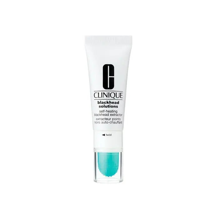 Clinique Blackhead Solutions Self-Heating Blackhead Extractor 20ml in a clear bottle with a black cap, designed for pore cleansing.