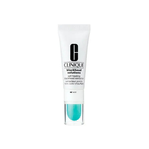 Clinique Blackhead Solutions Self-Heating Blackhead Extractor 20ml in a clear bottle with a black cap, designed for pore cleansing.