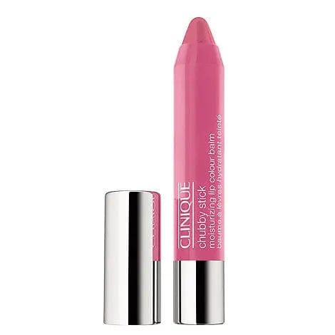 Clinique Chubby Stick Moisturising Lip Colour Balm in Super Strawberry, 3g, with a smooth, tinted pink lip balm in a sleek tube.