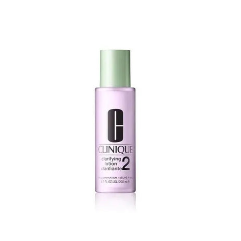 Clinique Clarifying Lotion 2 for dry and combination skin in a 200ml bottle, displayed on a clean background.