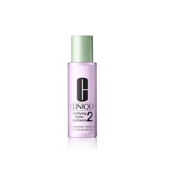 Clinique Clarifying Lotion 2 for dry to combination skin in a 200ml bottle, shown in a sleek container with a white label.