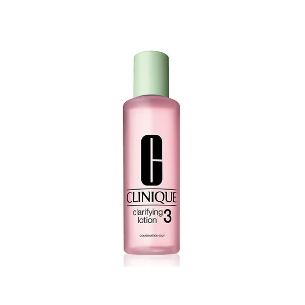 Clinique Clarifying Lotion 3 for combination oily skin in 200ml bottle, shown on a clean display with branding details.