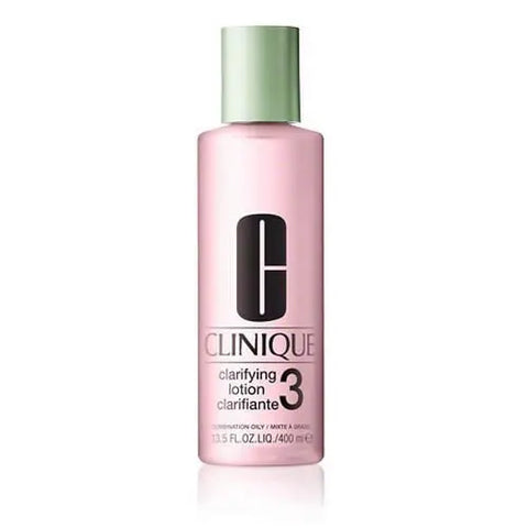 Clinique Clarifying Lotion 3 for combination oily skin in a 400ml bottle, displayed with skincare product packaging.