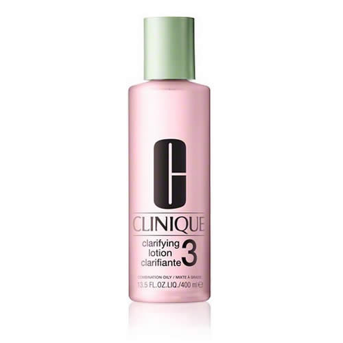 Clinique Clarifying Lotion 3 for combination oily skin in a 400ml bottle, displayed with its label and packaging.